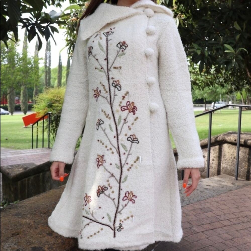 Alpaca Connection 100% Alpaca Embroidered Duster Cardigan Cream Embellished S